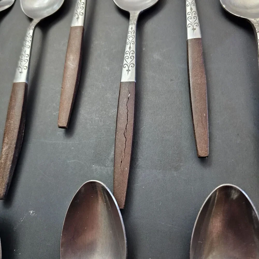 Vtg Interpur INR2 Japan Stainless Steel Faux Wood Handle Silverware Canoe 25 pcs